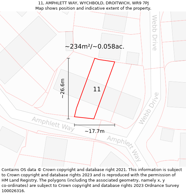 11, AMPHLETT WAY, WYCHBOLD, DROITWICH, WR9 7PJ: Plot and title map