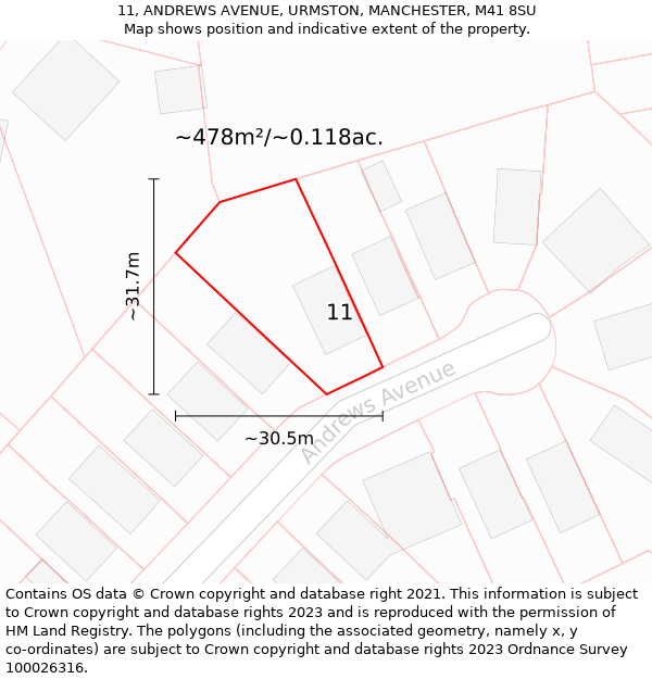 11, ANDREWS AVENUE, URMSTON, MANCHESTER, M41 8SU: Plot and title map