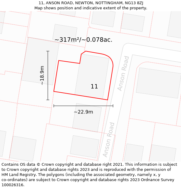 11, ANSON ROAD, NEWTON, NOTTINGHAM, NG13 8ZJ: Plot and title map