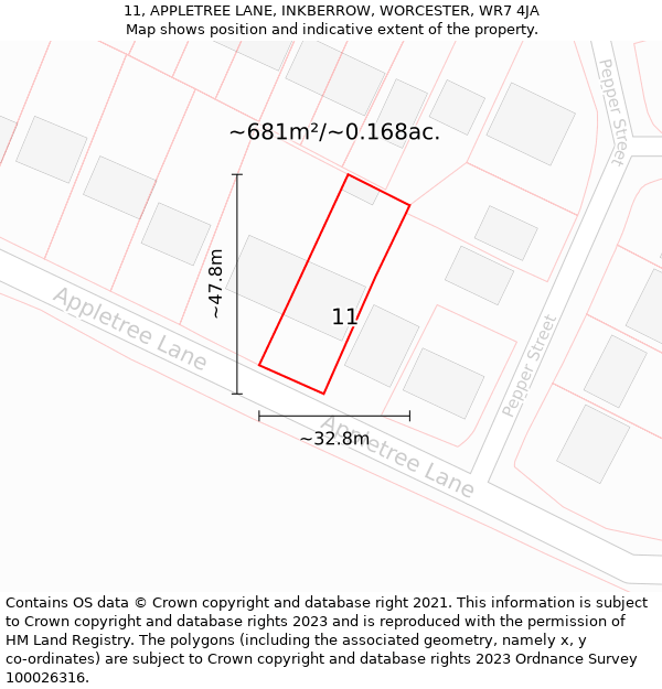 11, APPLETREE LANE, INKBERROW, WORCESTER, WR7 4JA: Plot and title map