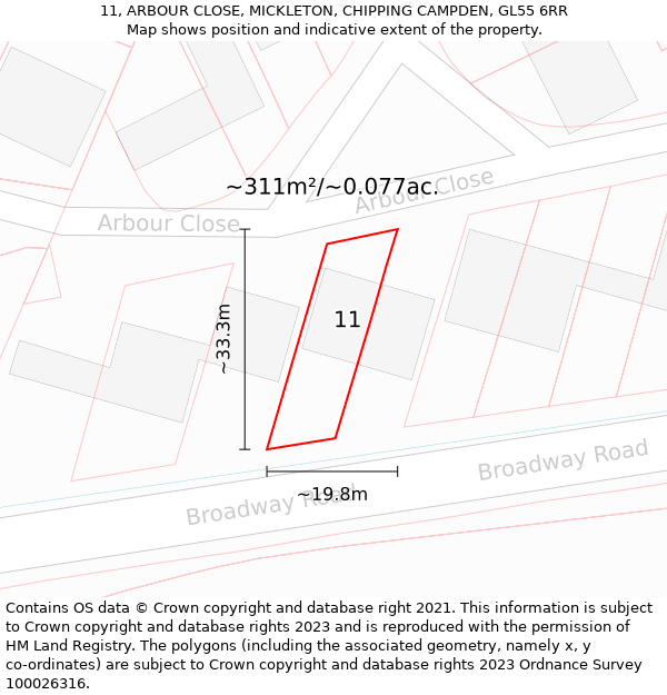 11, ARBOUR CLOSE, MICKLETON, CHIPPING CAMPDEN, GL55 6RR: Plot and title map