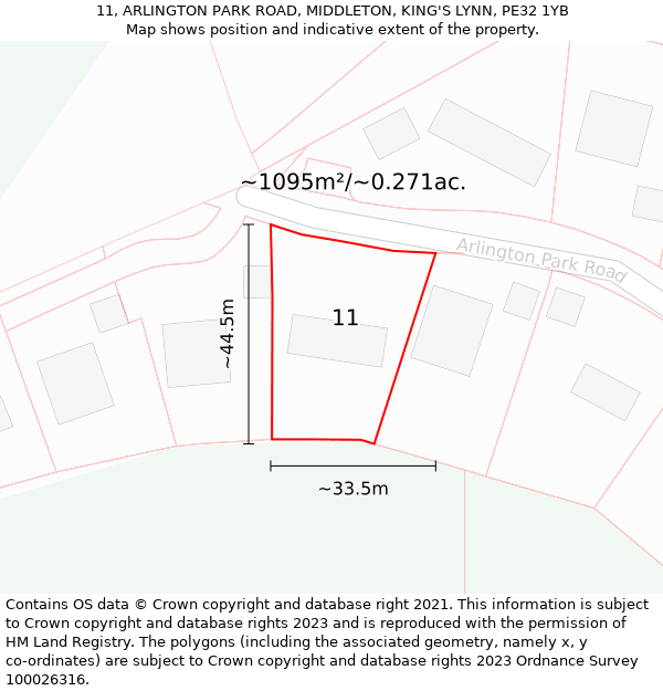 11, ARLINGTON PARK ROAD, MIDDLETON, KING'S LYNN, PE32 1YB: Plot and title map