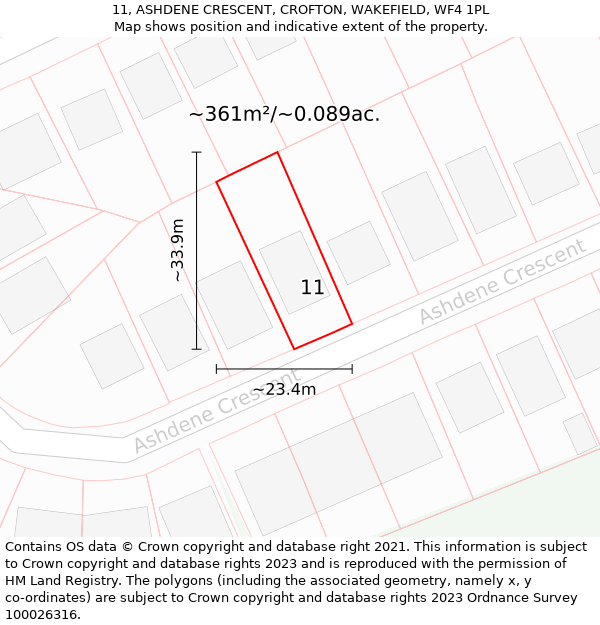 11, ASHDENE CRESCENT, CROFTON, WAKEFIELD, WF4 1PL: Plot and title map