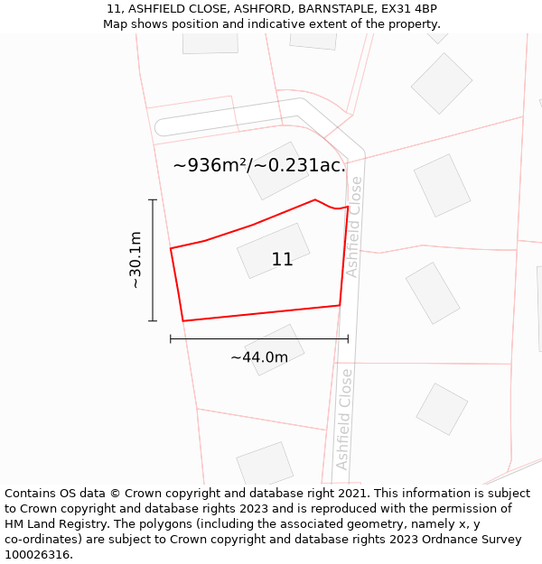 11, ASHFIELD CLOSE, ASHFORD, BARNSTAPLE, EX31 4BP: Plot and title map