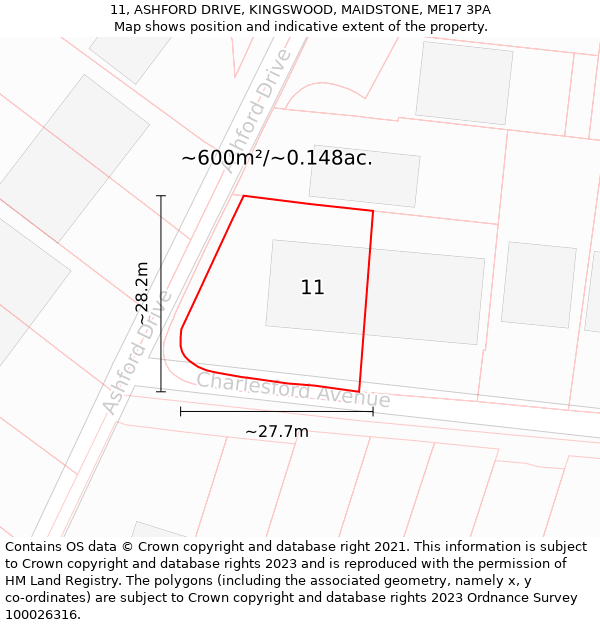 11, ASHFORD DRIVE, KINGSWOOD, MAIDSTONE, ME17 3PA: Plot and title map