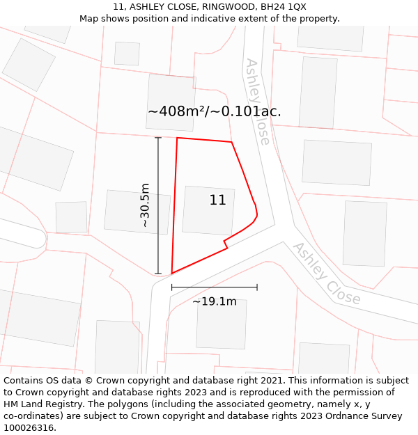 11, ASHLEY CLOSE, RINGWOOD, BH24 1QX: Plot and title map