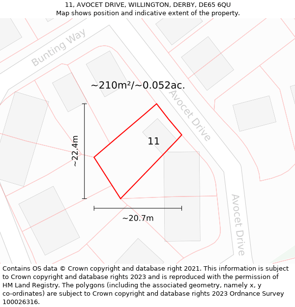 11, AVOCET DRIVE, WILLINGTON, DERBY, DE65 6QU: Plot and title map