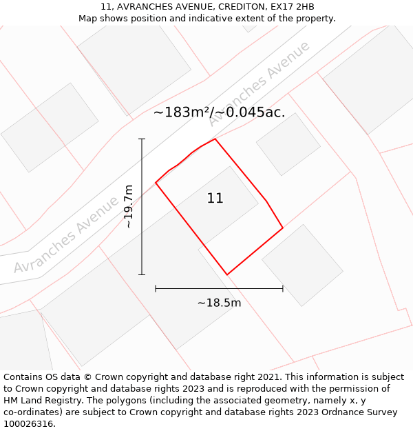 11, AVRANCHES AVENUE, CREDITON, EX17 2HB: Plot and title map