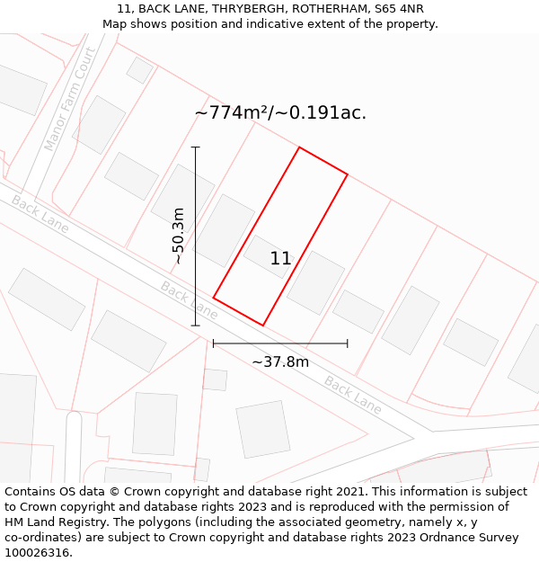 11, BACK LANE, THRYBERGH, ROTHERHAM, S65 4NR: Plot and title map