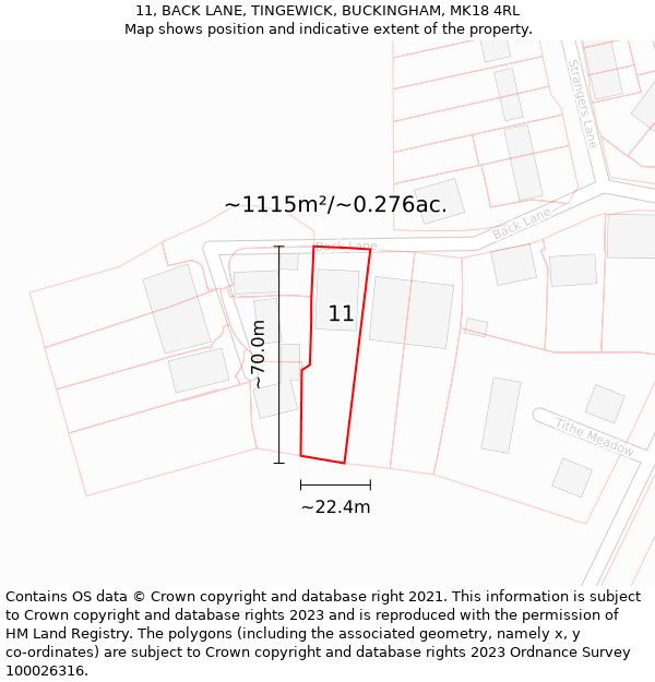 11, BACK LANE, TINGEWICK, BUCKINGHAM, MK18 4RL: Plot and title map