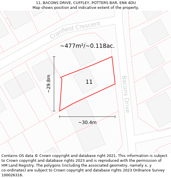 11, BACONS DRIVE, CUFFLEY, POTTERS BAR, EN6 4DU: Plot and title map