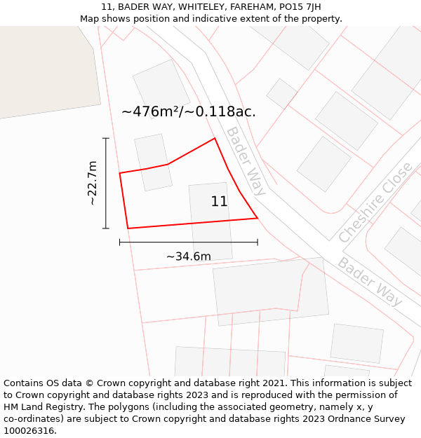 11, BADER WAY, WHITELEY, FAREHAM, PO15 7JH: Plot and title map