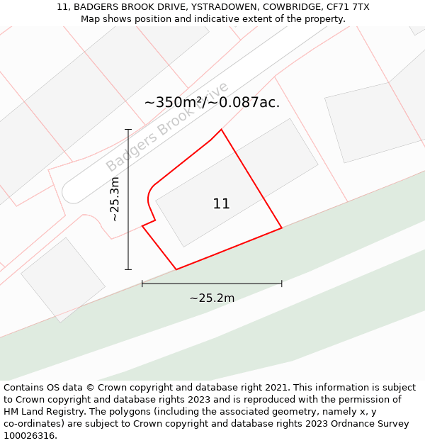 11, BADGERS BROOK DRIVE, YSTRADOWEN, COWBRIDGE, CF71 7TX: Plot and title map