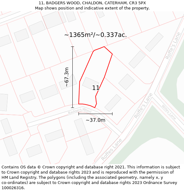 11, BADGERS WOOD, CHALDON, CATERHAM, CR3 5PX: Plot and title map