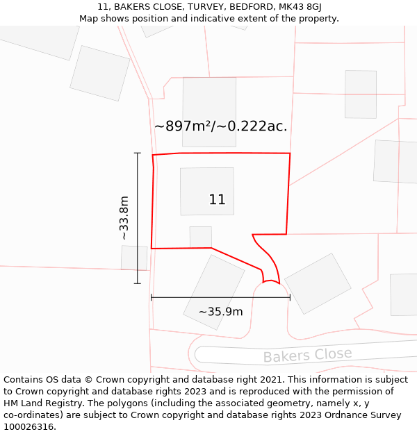 11, BAKERS CLOSE, TURVEY, BEDFORD, MK43 8GJ: Plot and title map