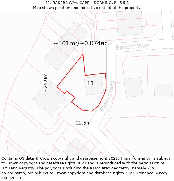 11, BAKERS WAY, CAPEL, DORKING, RH5 5JS: Plot and title map