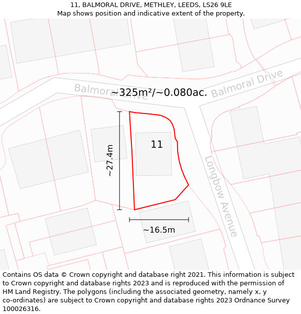 11, BALMORAL DRIVE, METHLEY, LEEDS, LS26 9LE: Plot and title map