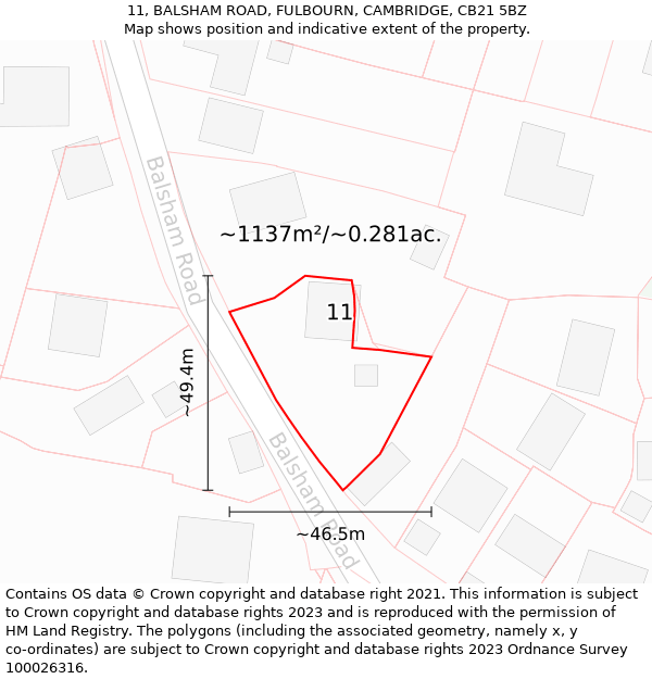 11, BALSHAM ROAD, FULBOURN, CAMBRIDGE, CB21 5BZ: Plot and title map