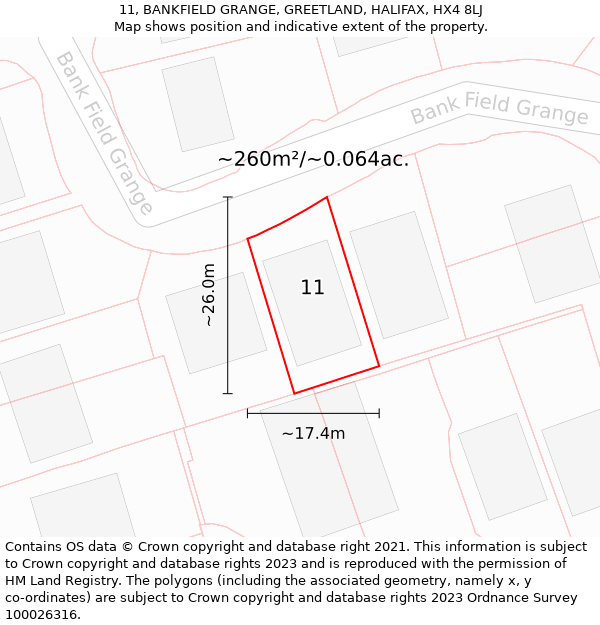 11, BANKFIELD GRANGE, GREETLAND, HALIFAX, HX4 8LJ: Plot and title map