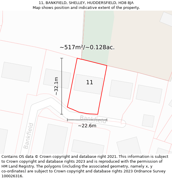 11, BANKFIELD, SHELLEY, HUDDERSFIELD, HD8 8JA: Plot and title map