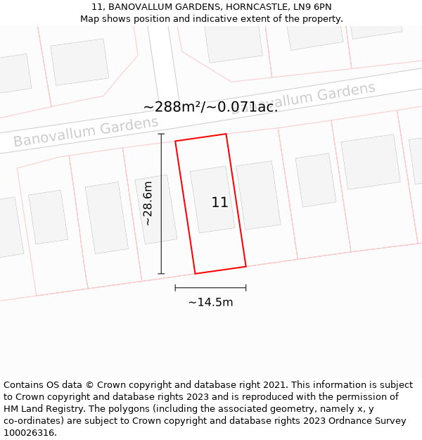 11, BANOVALLUM GARDENS, HORNCASTLE, LN9 6PN: Plot and title map