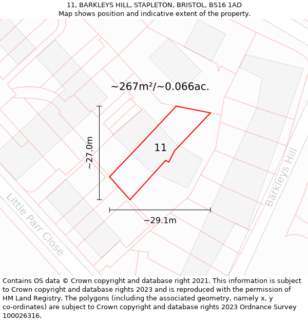 11, BARKLEYS HILL, STAPLETON, BRISTOL, BS16 1AD: Plot and title map