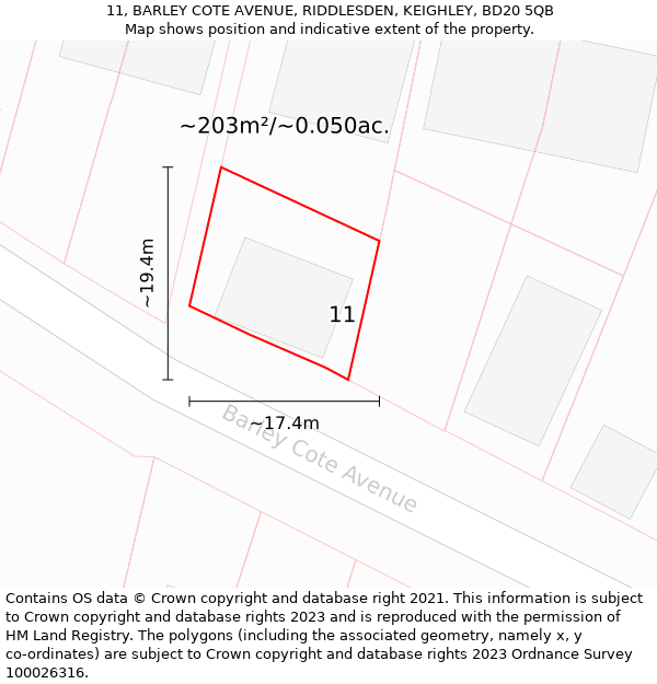 11, BARLEY COTE AVENUE, RIDDLESDEN, KEIGHLEY, BD20 5QB: Plot and title map