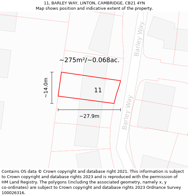 11, BARLEY WAY, LINTON, CAMBRIDGE, CB21 4YN: Plot and title map