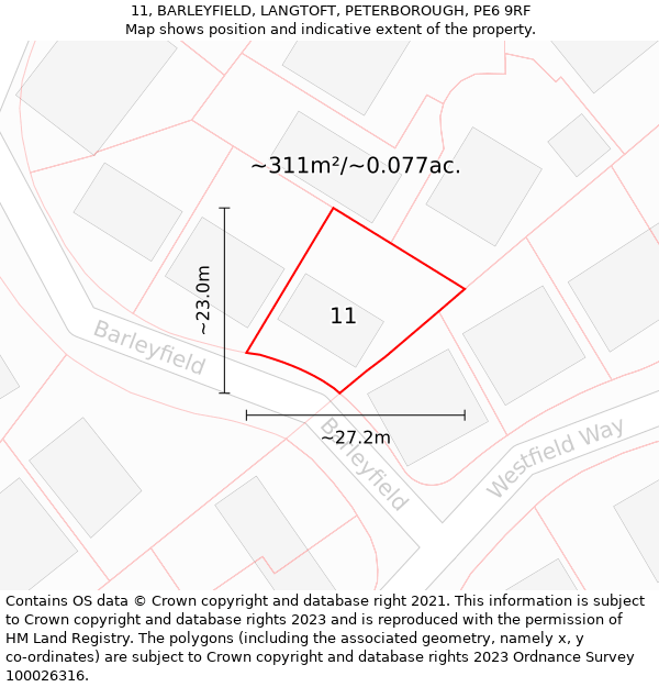 11, BARLEYFIELD, LANGTOFT, PETERBOROUGH, PE6 9RF: Plot and title map