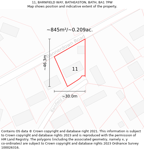 11, BARNFIELD WAY, BATHEASTON, BATH, BA1 7PW: Plot and title map