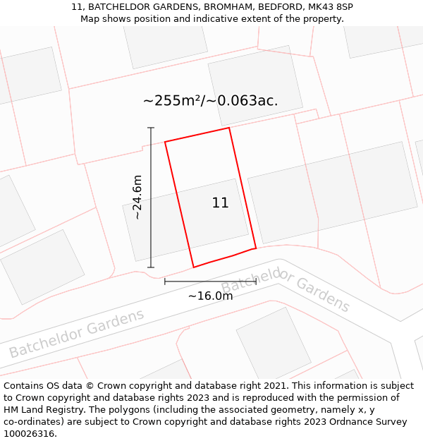 11, BATCHELDOR GARDENS, BROMHAM, BEDFORD, MK43 8SP: Plot and title map