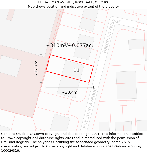 11, BATEMAN AVENUE, ROCHDALE, OL12 9ST: Plot and title map