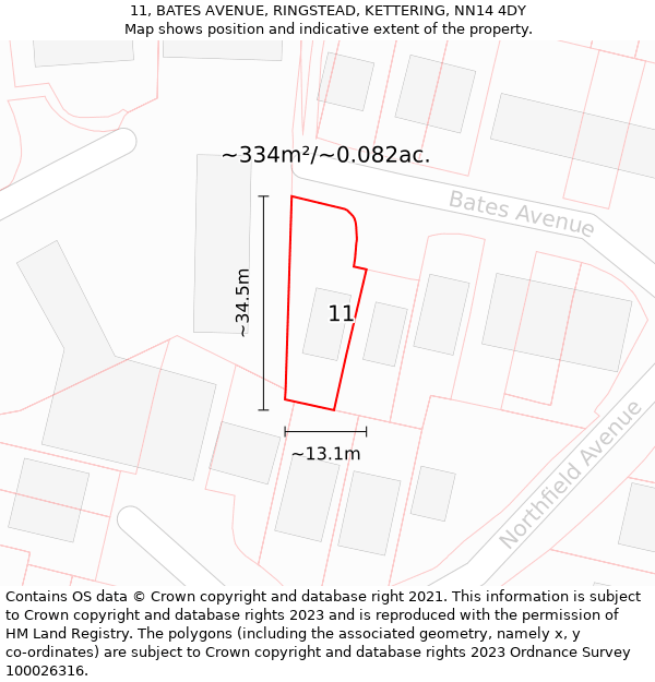 11, BATES AVENUE, RINGSTEAD, KETTERING, NN14 4DY: Plot and title map