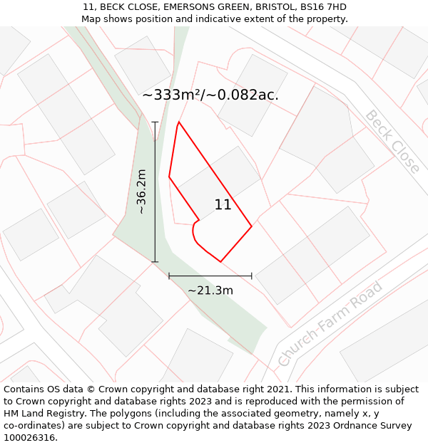 11, BECK CLOSE, EMERSONS GREEN, BRISTOL, BS16 7HD: Plot and title map