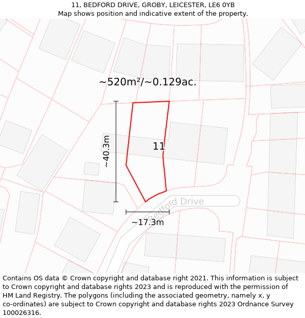 11, BEDFORD DRIVE, GROBY, LEICESTER, LE6 0YB: Plot and title map