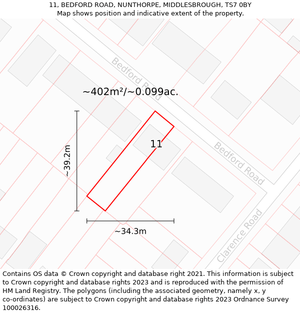 11, BEDFORD ROAD, NUNTHORPE, MIDDLESBROUGH, TS7 0BY: Plot and title map