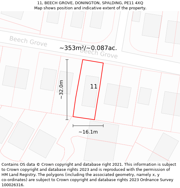 11, BEECH GROVE, DONINGTON, SPALDING, PE11 4XQ: Plot and title map