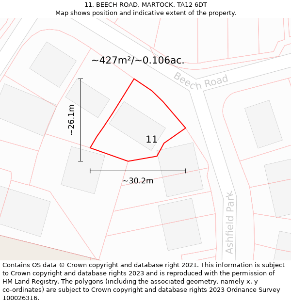 11, BEECH ROAD, MARTOCK, TA12 6DT: Plot and title map