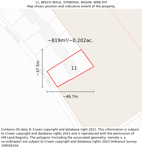 11, BEECH WALK, STANDISH, WIGAN, WN6 0YF: Plot and title map