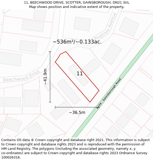 11, BEECHWOOD DRIVE, SCOTTER, GAINSBOROUGH, DN21 3UL: Plot and title map