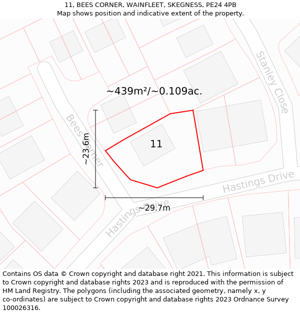 11, BEES CORNER, WAINFLEET, SKEGNESS, PE24 4PB: Plot and title map