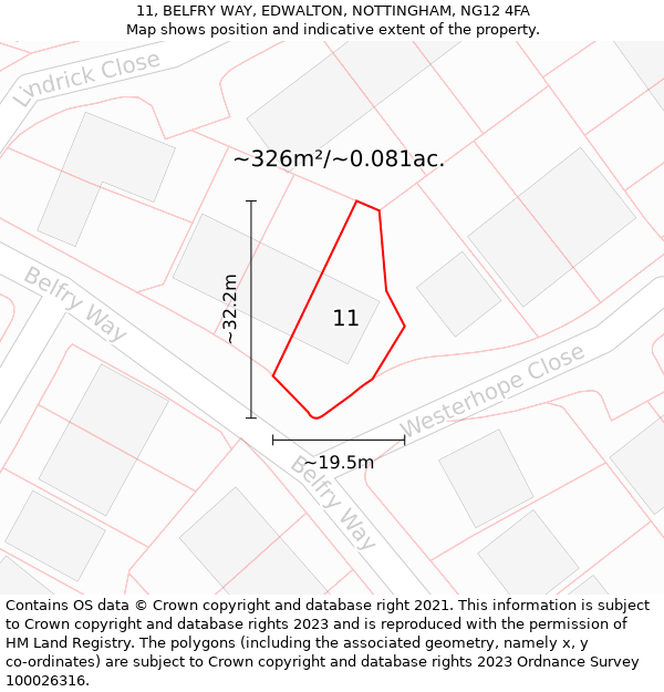 11, BELFRY WAY, EDWALTON, NOTTINGHAM, NG12 4FA: Plot and title map