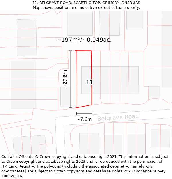 11, BELGRAVE ROAD, SCARTHO TOP, GRIMSBY, DN33 3RS: Plot and title map