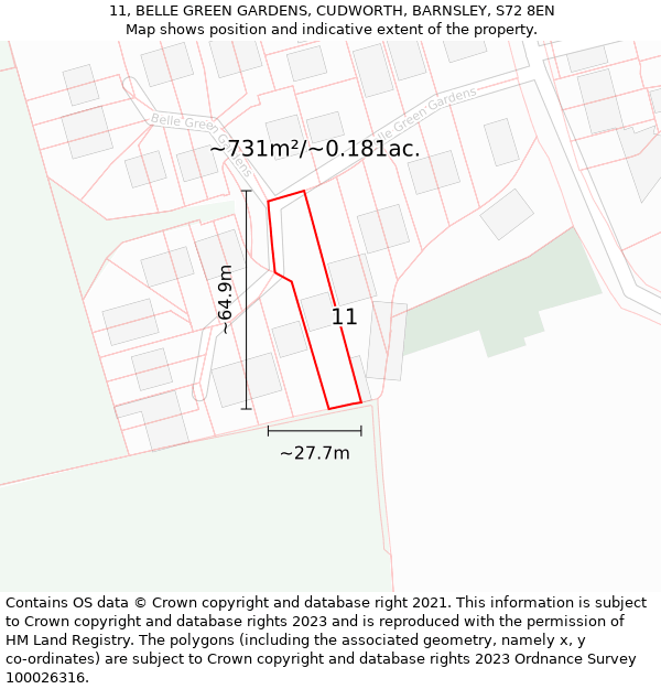 11, BELLE GREEN GARDENS, CUDWORTH, BARNSLEY, S72 8EN: Plot and title map