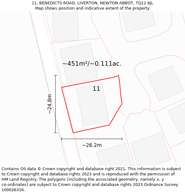 11, BENEDICTS ROAD, LIVERTON, NEWTON ABBOT, TQ12 6JL: Plot and title map