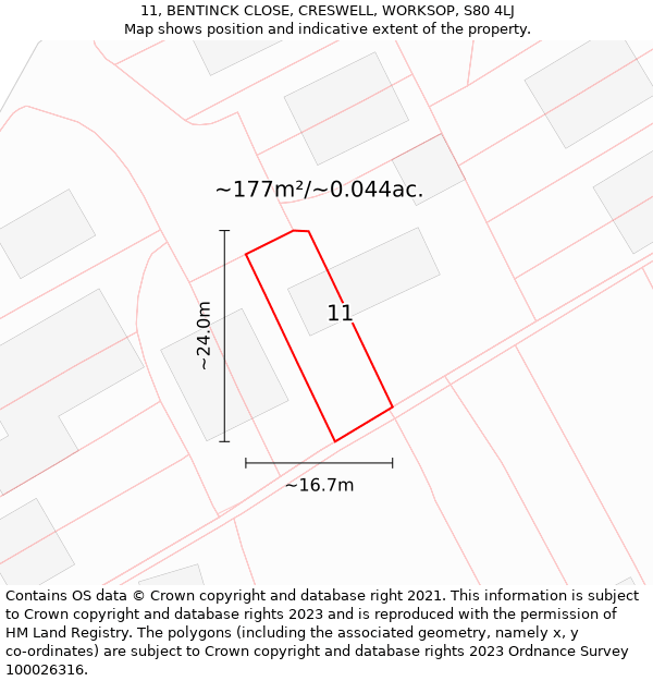 11, BENTINCK CLOSE, CRESWELL, WORKSOP, S80 4LJ: Plot and title map