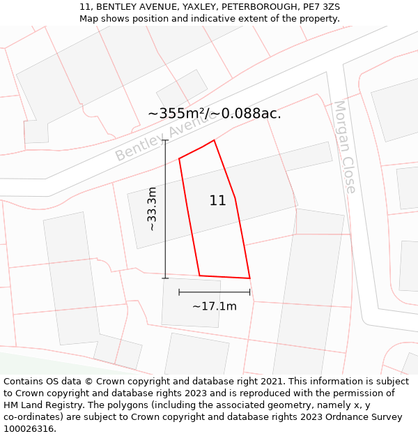 11, BENTLEY AVENUE, YAXLEY, PETERBOROUGH, PE7 3ZS: Plot and title map