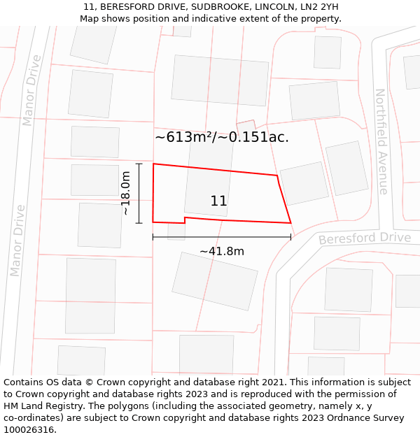11, BERESFORD DRIVE, SUDBROOKE, LINCOLN, LN2 2YH: Plot and title map