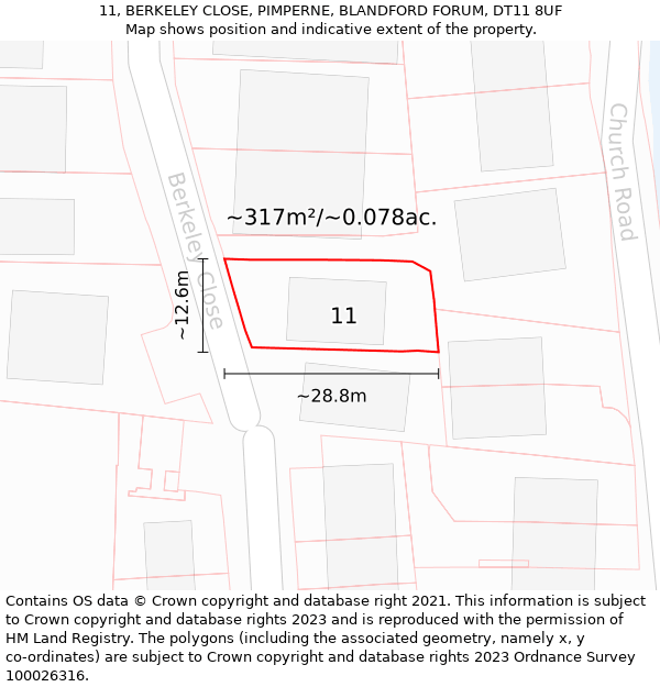 11, BERKELEY CLOSE, PIMPERNE, BLANDFORD FORUM, DT11 8UF: Plot and title map