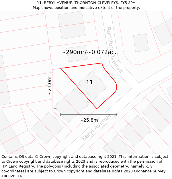 11, BERYL AVENUE, THORNTON-CLEVELEYS, FY5 3PA: Plot and title map